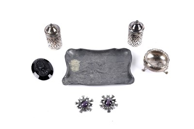 Lot 347 - A collection of silver condiments, costume jewellery, and accessories