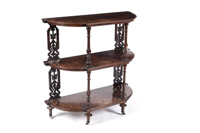 Lot 723 - A Victorian burr walnut three-tier bow-fronted whatnot