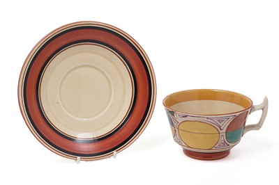 Lot 595 - A Clarice Cliff Fantasque Bizarre ‘Picasso’ or ‘Melon pattern’ teacup and saucer