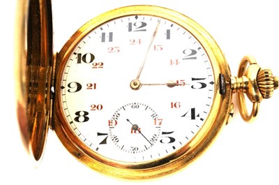 Lot 1064 - A yellow gold cased hunter pocket watch