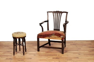 Lot 87 - A George III oak armchair; and a Georgian oak adjustable piano stool