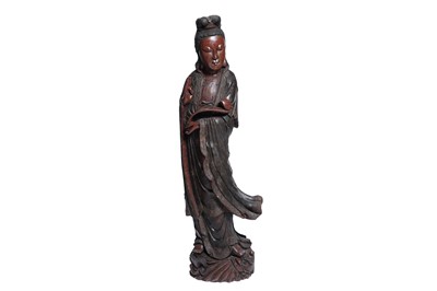 Lot 420 - A large Chinese carved lacquered hardwood figure Guanyin