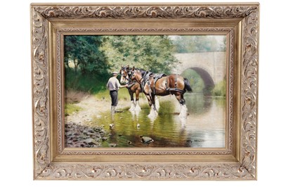 Lot 145 - Tony Sheath - Shire horses being encouraged to drink | oil