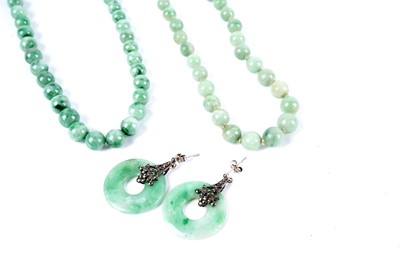 Lot 181 - A pair of Art Deco style jadeite, marcasite and silver drop earrings; and two bead necklaces