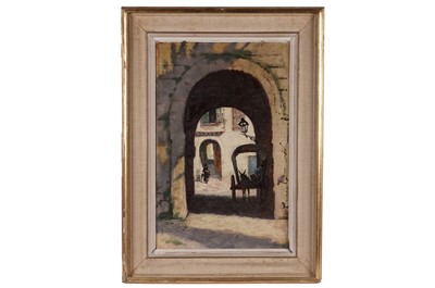 Lot 383 - John Thomas Young Gilroy - Archway with Donkey and Cart | oil