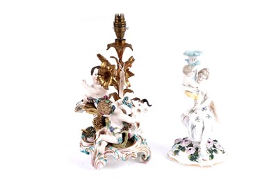 Lot 238 - An early 20th Century Meissen decorative ceramic table lamp; and candlestick