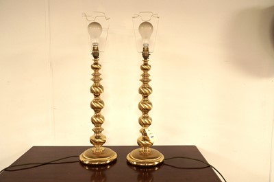 Lot 381 - A pair of 20th Century brass table lamps