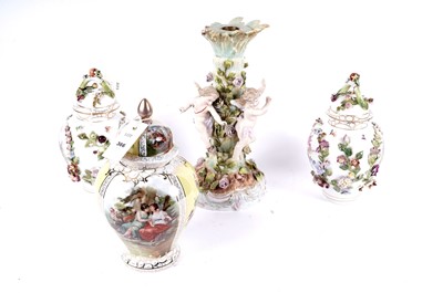 Lot 366 - A pair of Karl Thieme flower encrusted vases and covers; and other Continental ceramics