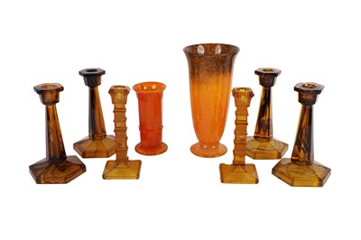 Lot 344 - Two pairs of Davidsons pressed amber glass candlesticks; and a selection of glass ware