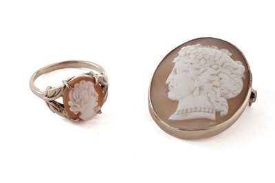 Lot 91 - A shell cameo brooch; and a cameo dress ring