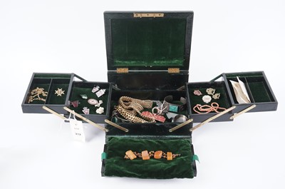 Lot 212 - An antique jewellery box containing a Maltese cross brooch; and a selection of costume jewellery