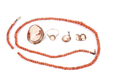 Lot 240 - A collection of gold mounted cameo jewellery; and a coral bead necklace