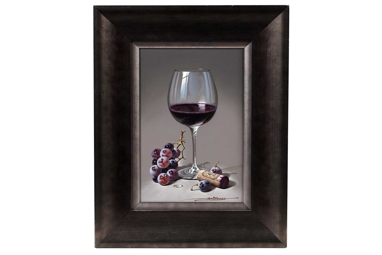 Lot 1018 - Javier Mulio - Trompe l'oeil still life with red wine | oil