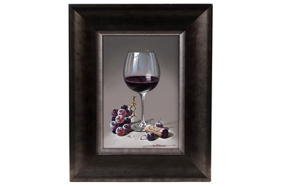 Lot 1018 - Javier Mulio - Trompe l'oeil still life with red wine | oil