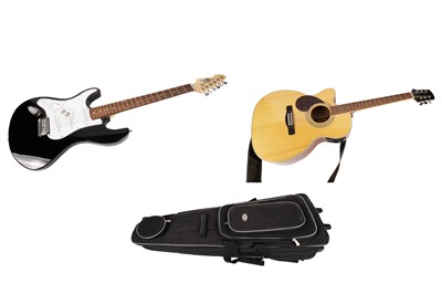 Lot 969A - A Gear for Music ‘Strat’ style, left-handed guitarwith guitar case; and an Adam Black left-handed electro acoustic guitar