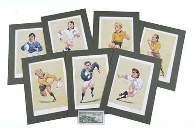 Lot 916 - An autographed set of autographed Rugby Caricatures; and an autographed banknote