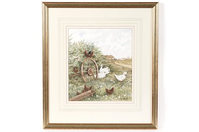 Lot 76 - Chris Sparrow - Ducks and Chickens Gathered by a Cartwheel | watercolour