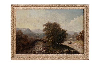 Lot 1148 - 19th Century English School - Landscape with bridge and figures | oil