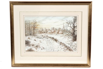 Lot 282 - Chris Sparrow - Pheasant in the Bramble Bushes and Rural Village in Wintertime | watercolours