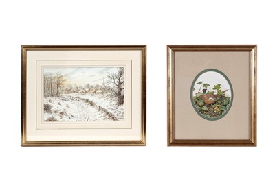 Lot 282 - Chris Sparrow - Pheasant in the Bramble Bushes and Rural Village in Wintertime | watercolours