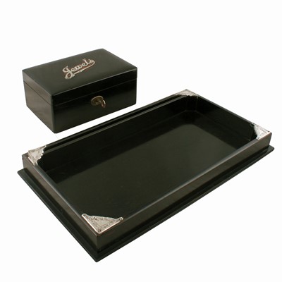 Lot 418 - A George V ebony and silver mounted jewellery box and a matching tray