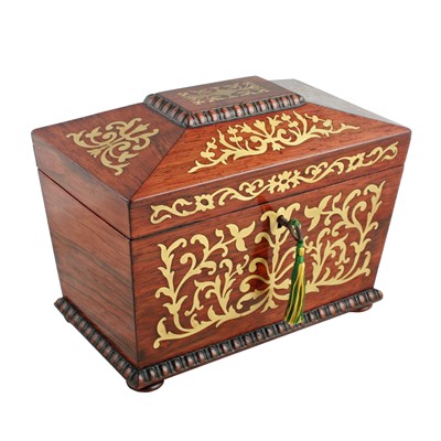 Lot 432 - A Regency rosewood and brass inlaid sarcophagus shaped tea caddy