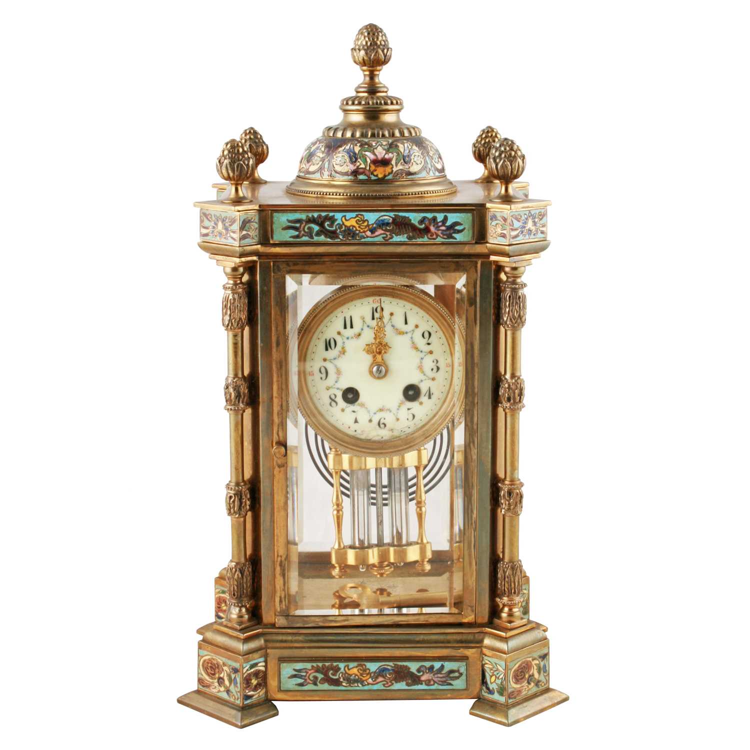 Lot 283 - A late 19th Century French gilt brass and champleve four glass mantel clock