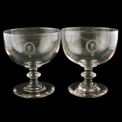 Lot 79 - A pair of large late Georgian crested glass wine goblets