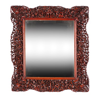 Lot 347 - A 19th Century Chinese carved fretwork red cedar framed wall mirror