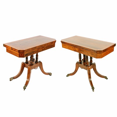 Lot 520 - Two similar George III rosewood and satinwood card tables