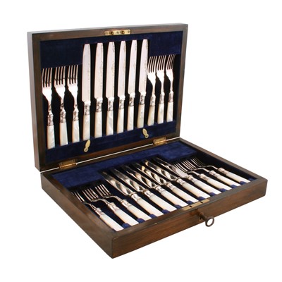 Lot 227 - A cased set of twelve Edwardian fruit knives and forks with mother-of-pearl handles