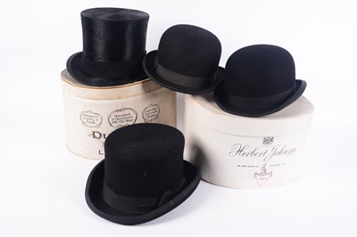 Lot 170 - Three vintage bowler hats; and a vintage top hat