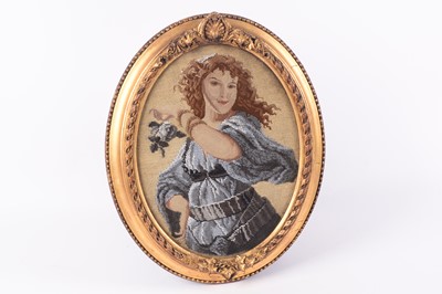 Lot 165 - A Victorian beadwork picture of a young lady in oval giltwood frame