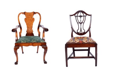 Lot 646 - A George I style walnut and burr walnut elbow chair; and another chair