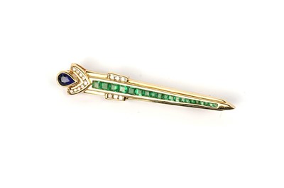 Lot 669 - A bespoke sapphire, emerald, and diamond "dagger" form brooch