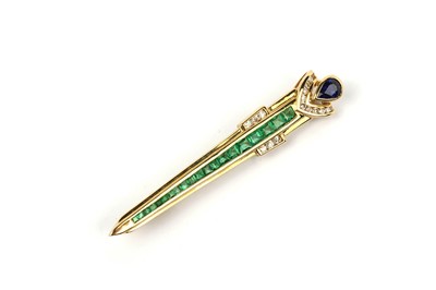 Lot 669 - A bespoke sapphire, emerald, and diamond "dagger" form brooch