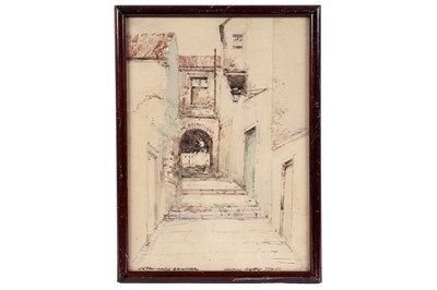 Lot 272 - Victor Noble Rainbird - Stairs looking from Bell Street to Tyne Street, Tynemouth | watercolour