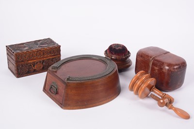 Lot 214 - A 19th Century treen pin cushion; a carved wooden box; and other items