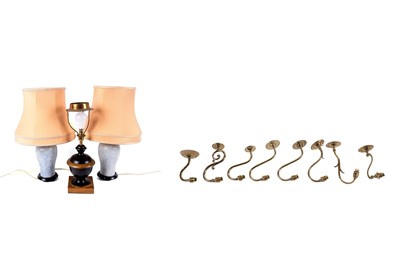 Lot 304 - A pair of modern pottery table lamps; and another table lamp; and eight brass wall light fittings