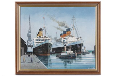 Lot 698 - F* Patterson - The "Queen Mary" and "Majestic" in Port | acrylic