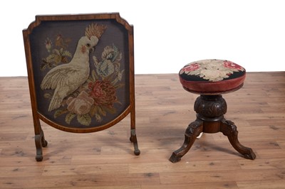 Lot 51 - A late 19th Century oak embroidered fire screen and Victorian piano stool