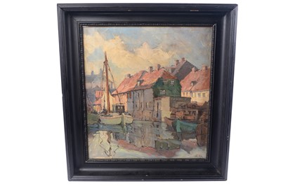 Lot 152 - Early 20th Century European school - Danish harbour with boats | oil