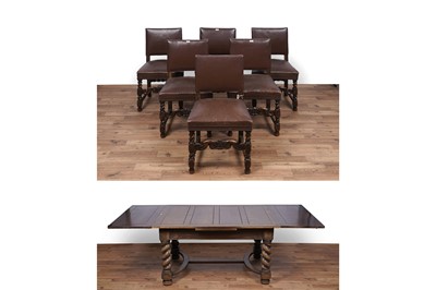 Lot 49 - A set of six oak and leather dining chairs; and a carved oak draw leaf dining table