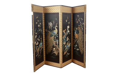 Lot 79 - A late 19th Century Oriental brass mounted four-fold screen