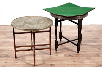 Lot 148 - A Mosq card table; and two early 20th Century brass oriental tray on stands