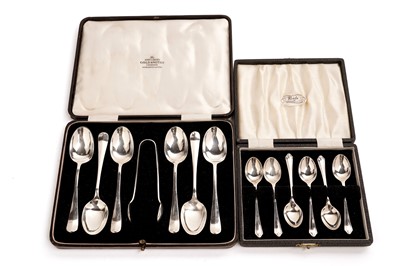 Lot 271 - A set of six silver teaspoons and sugar tongs; and a set of silver coffee spoons