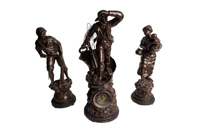 Lot 487 - A late 19th Century spelter clock garniture of nautical theme