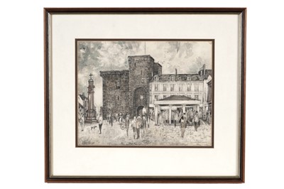 Lot 932 - F E Davison - Hexham Marketplace | en grisaille ink and watercolour wash