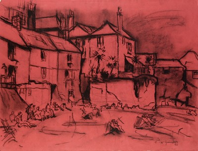 Lot 933 - Tom McGuinness - Holidaymakers Sunbathing on a Beach | charcoal on red-tinted paper