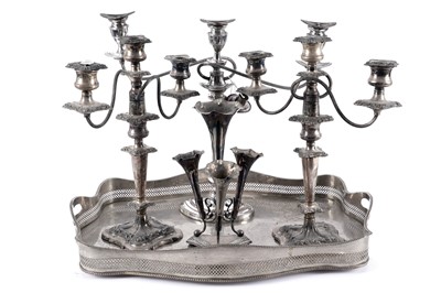 Lot 404 - A pair of early 20th Century silver plated twin branch candelabras; and other silver plated ware